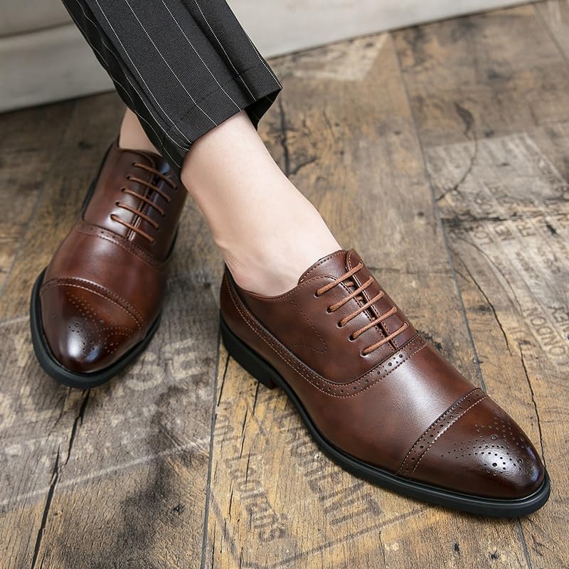 Oxford Shoes for Men Lace Up Pointed Burnished Toe Vegan Leather Cap Toe Oxford Shoes Slip Resistant Block Heel Rubber Sole Anti-Slip Wedding4