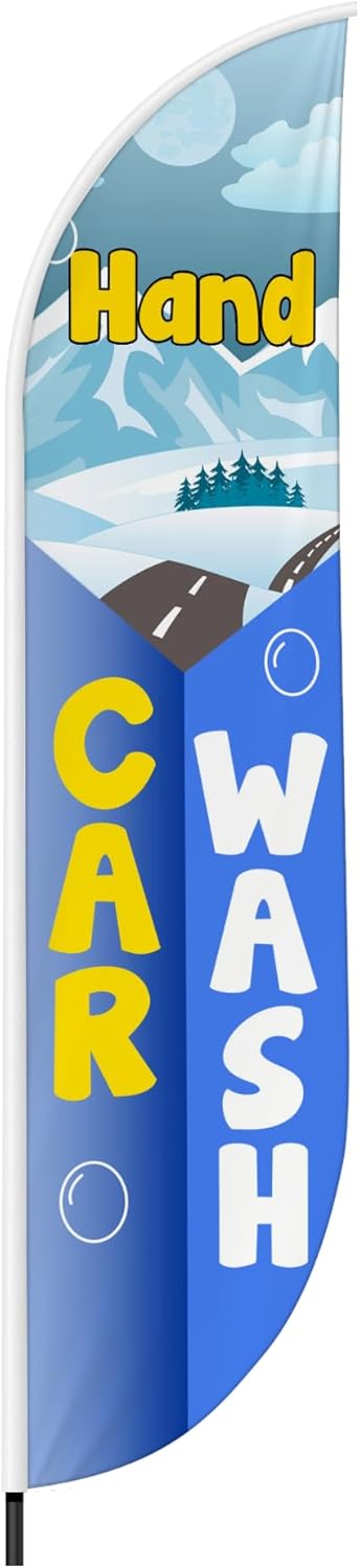 Hand Car Wash Feather Flag(11.5feetX2.5feet) by DreamController | Outdoor Business Advertising Tall Flag | Weather-Resistant Knitted Swooper Flag | Made in USA | HD Print (Flag Only)