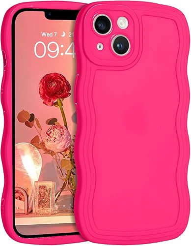 YINLAI Funda diseñada para iPhone 13, funda de teléfono rosa neón, bonita forma de marco de onda rizada, delgada, suave, de gel de poliuretano