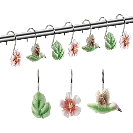 Faitove Cute Pearl & Flower Shower Curtain Hooks, 12-Pack, Decorative Boho Elegant Ivory White Resin Rings For Bathroom Decor