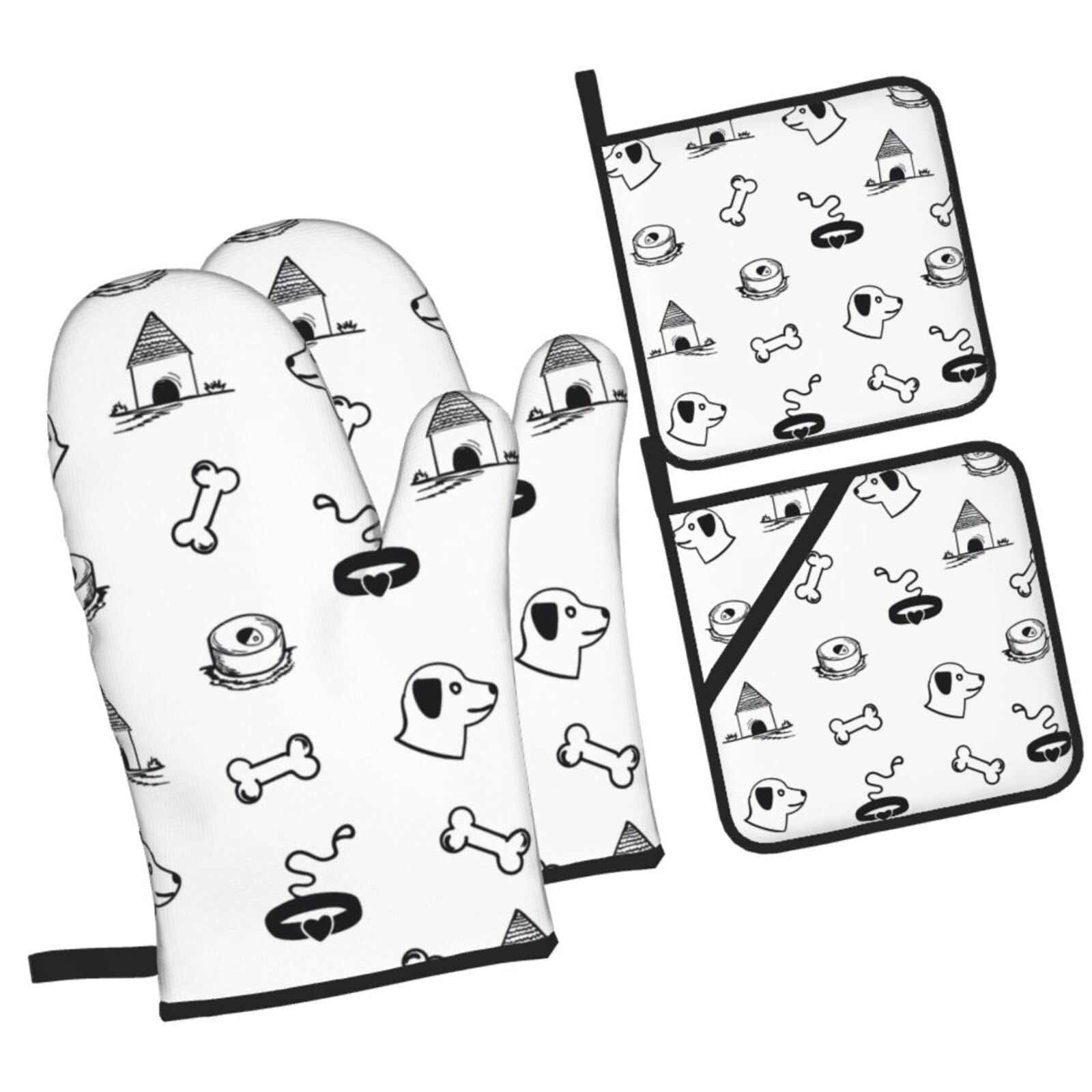 Dog Theme Vector Oven Mitts and Pot Holders Sets, Christmas Oven Mitt Kitchen Heat Resistant Non-Slip Pot Holders Set for Cooking Baking BBQ