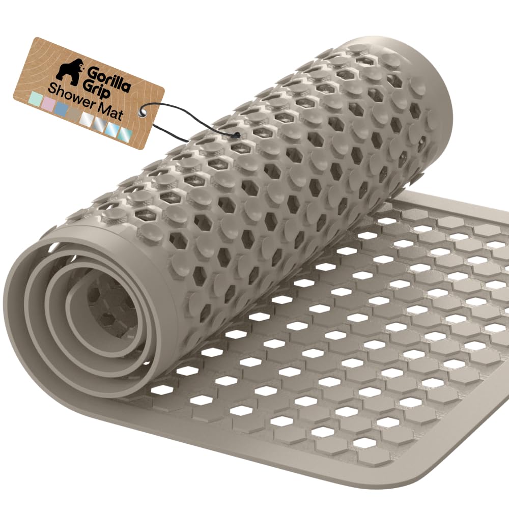 GORILLA GRIP Patented Bath Tub Shower Mat, Machine Washable Bathtub Floor Liner Mats, Suction Cups and Drain Holes to Keep Tubs Clean, Soft on Feet, Bathroom Essentials, 35x16 Inch, Beige