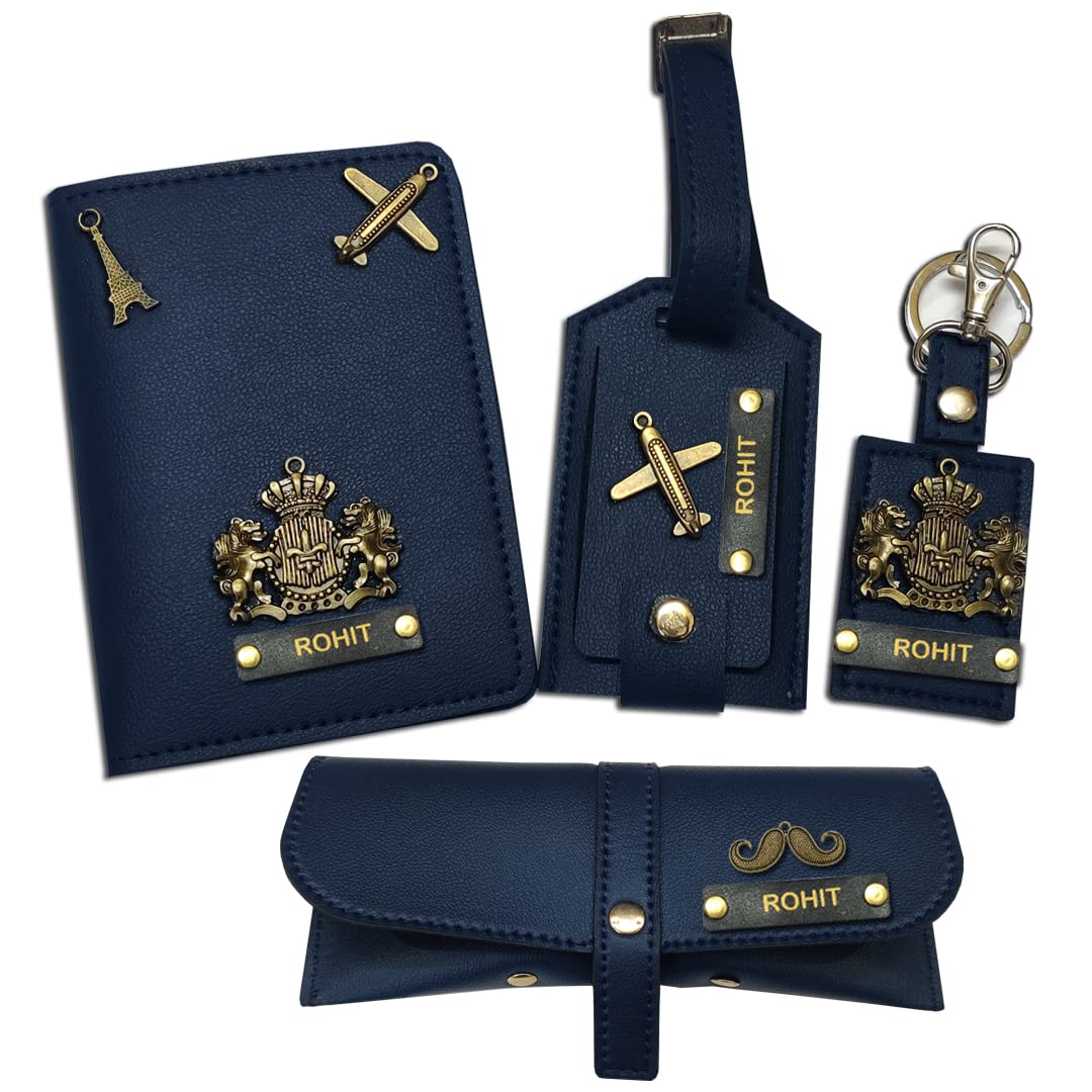 Giftsclub EcoTraveler's Lightweight Unisex Passport Cover, Luggage tag, Keychain, Specs Holder Set (Blue)