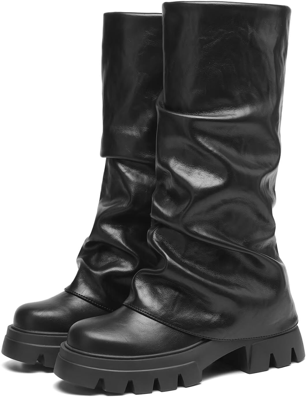Womens Mid-Calf Boots Fold Over Round Toe Chunky Sole Comfortable Fashionable Footwear for Everyday Wear Stylish Fall and Winter Boots