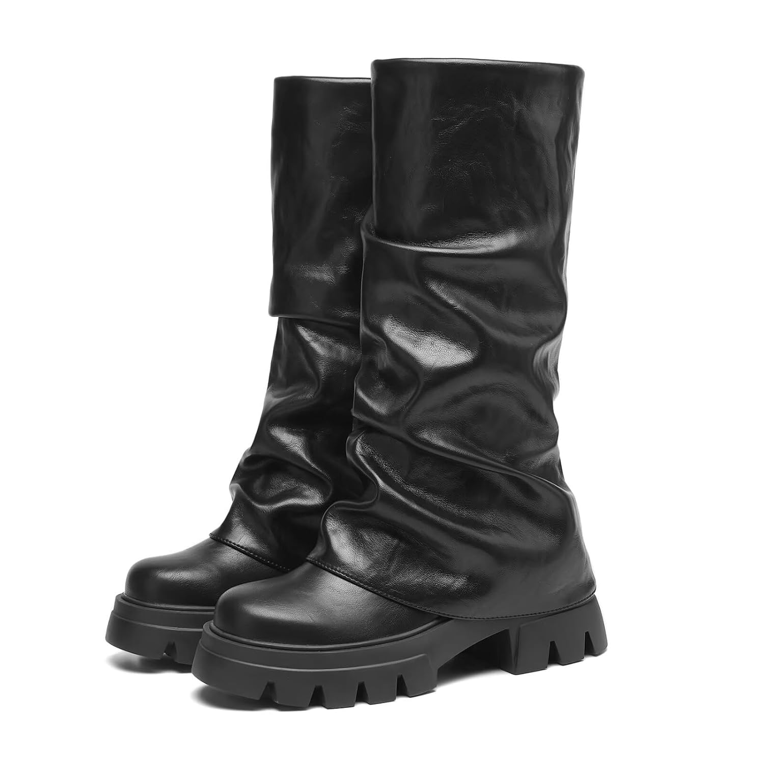 Womens Mid-Calf Boots Fold Over Round Toe Chunky Sole Comfortable Fashionable Footwear for Everyday Wear Stylish Fall and