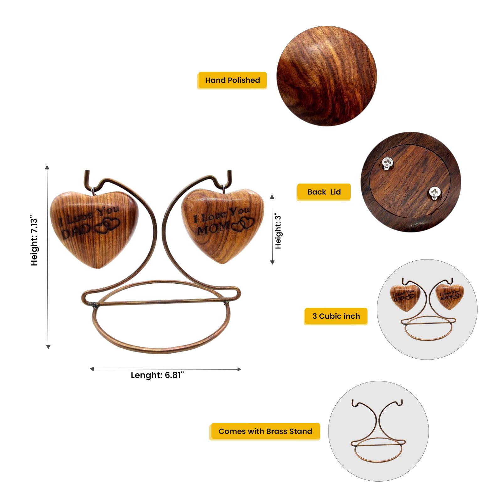 Urna de recuerdo de madera de doble corazón, pequeña urna de cremación hecha a mano para cenizas homenaje a tu mamá y papá, perfecta para tus seres queridos con soporte de exhibición con grabado "I