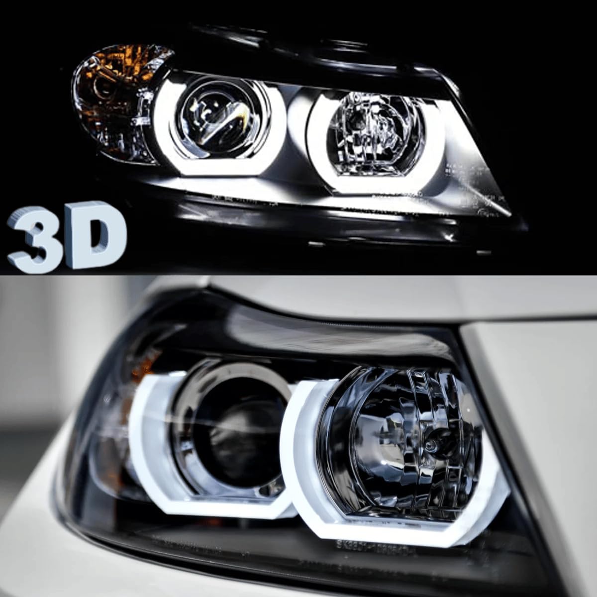 Xenon Scheinwerfer Set Schwarz für BMW 3er E90 Limousine & E91 Touring 2005–2008 | 3D Angel Eyes | D1S