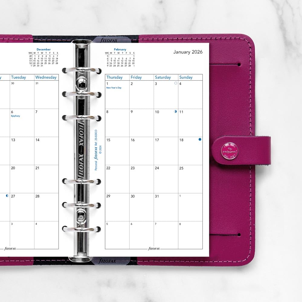 Filofax Kalender-Tagebuch-Nachfüllpackung, persönliche/kompakte Größe, Monatsansicht, weißes Papier, Englisch, 2026 (C68410-26)