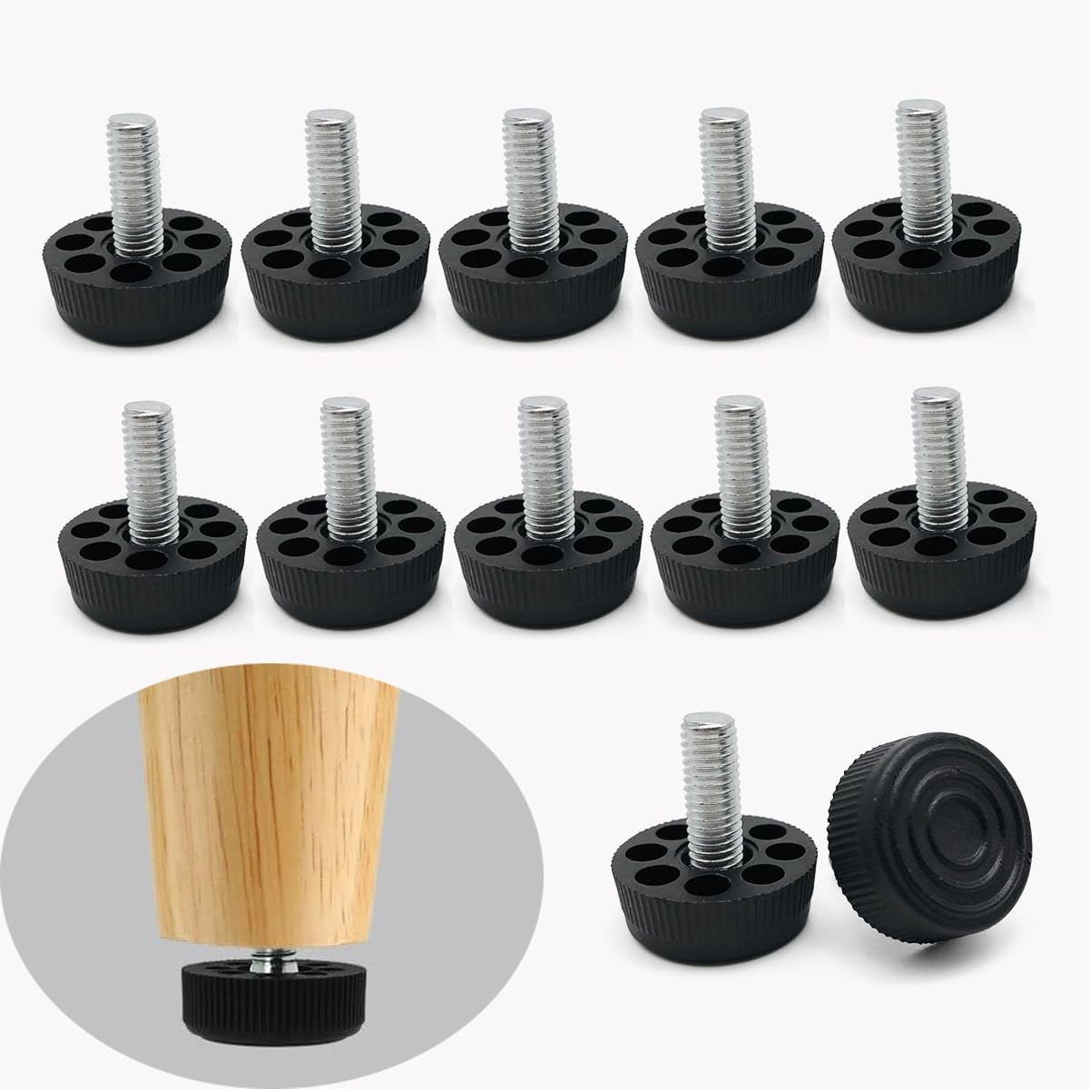 LEECHY M8 Thread Leveling Feet Levelerrs, 12Pcs Adjustable Furniture Levelers Threaded Screw Table Feet Screw in Threaded for Furniture Leveling Feet for Table Chair Cabinet Legs (M8-30mm-12pcs)