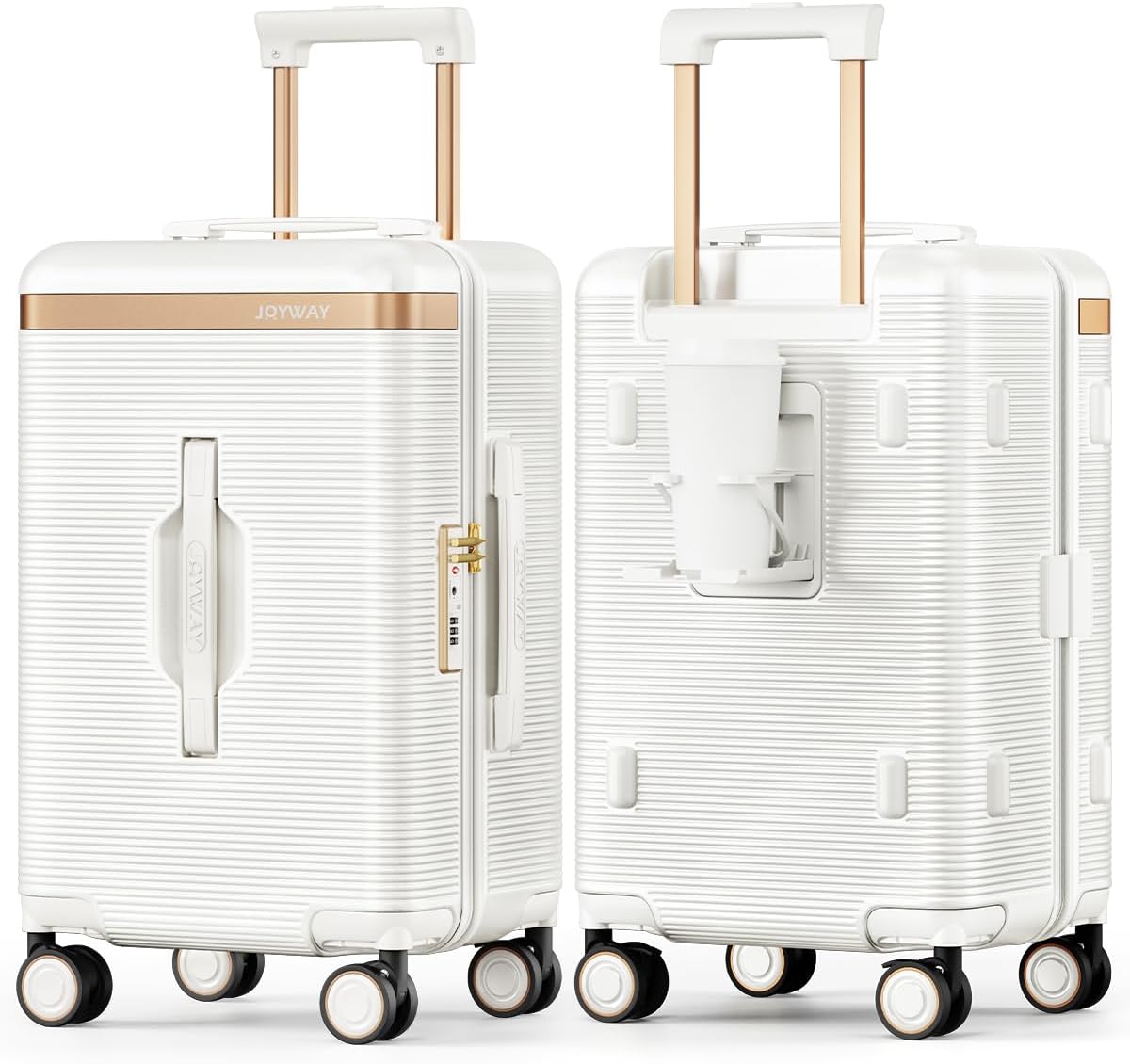 Joyway 22 Inch Carry on Luggage with Cup Holder, Hard Shell Suitcases with Shock Absorbing Spinner Wheels and Pressure-resistant Frame, Lightweight Carry-on Luggage with TSA Lock, Beige