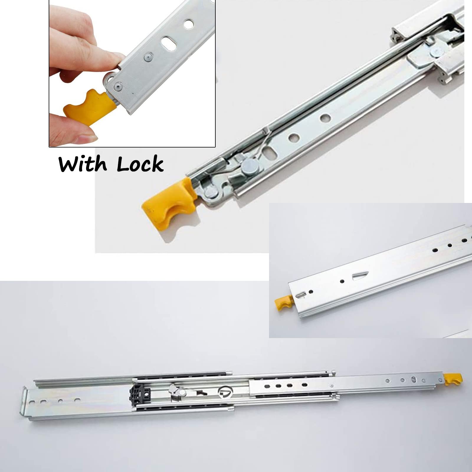 Guías para cajones de extensión, capacidad resistente, guías para cajones con rodamientos de bolas, 1 par de rieles telescópicos de metal, con cerradura, extensión completa de 3 pliegues, resistente,