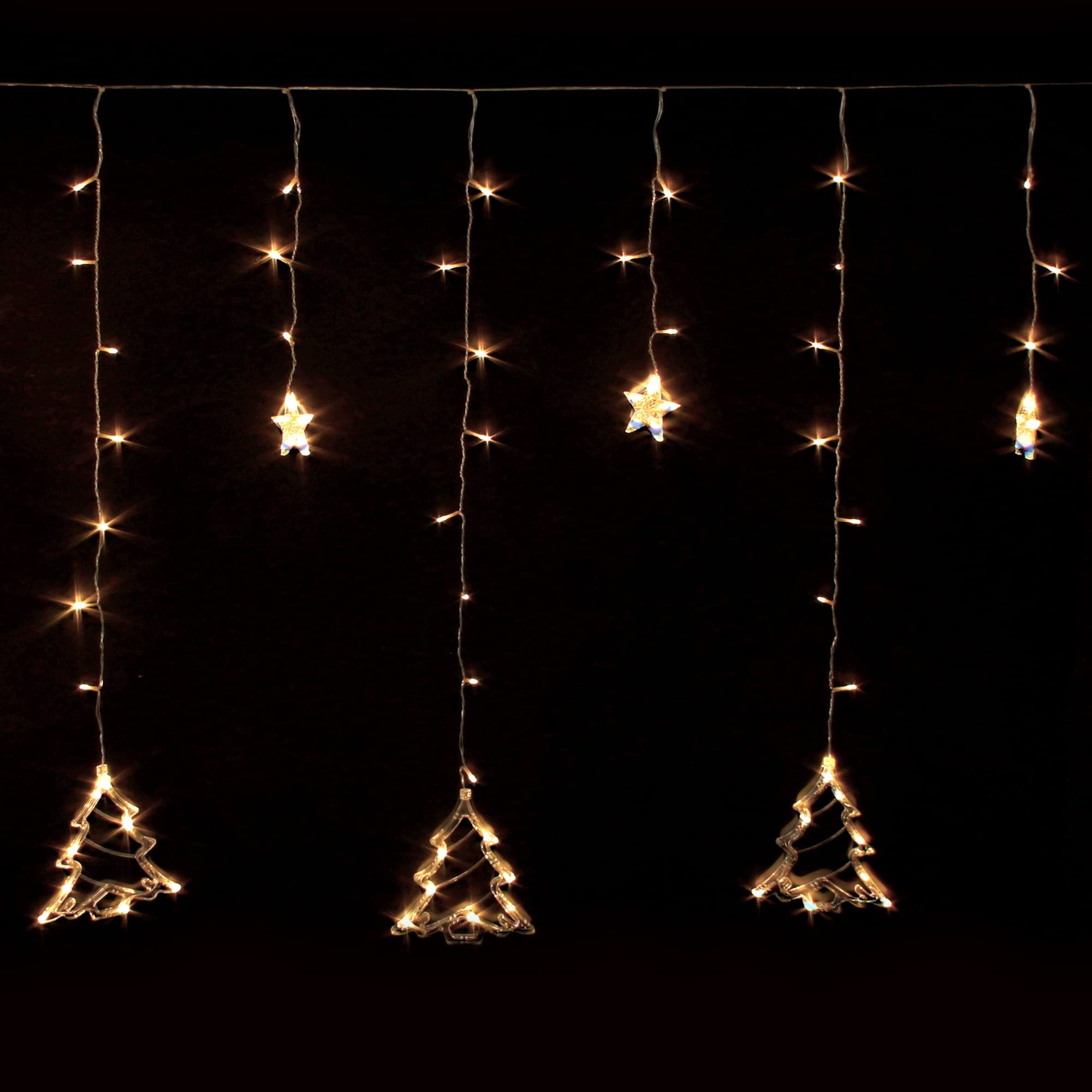 ECD Germany Kurtyna swietlna LED 220 cm ze 138 diodami LED cieply bialy, choinki i gwiazdy, 8 funkcji, dekoracja swiateczna okna do wewnatrz/na zewnatrz, lancuch swietlny swiateczny oswietlenie