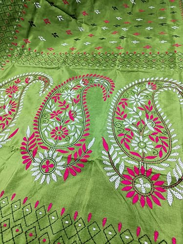 Image of SHRISTI CLOTHINGS Women's Hand Embroidered Cotton Silk Kantha Stitch Saree with Blouse Piece (SB430324 MEHANDID19)