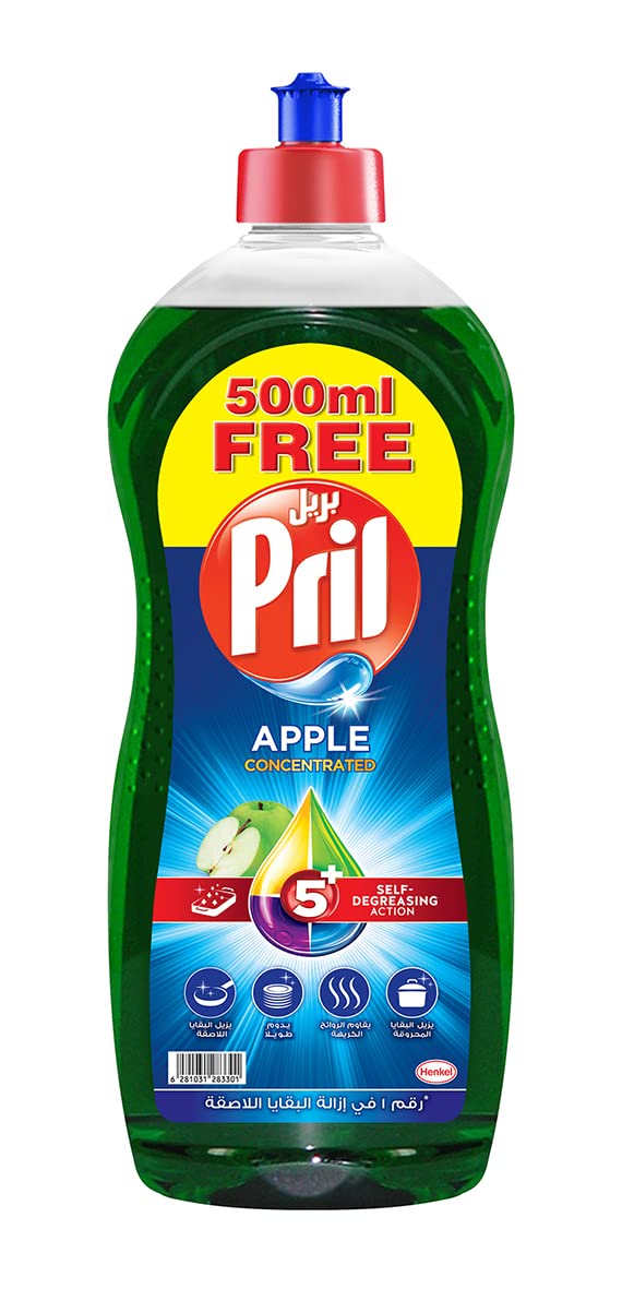 Hand Dishwashing Liquid,with 5+ Self-Degreasing Action Power, Long-Lasting Formula for Stains Removal, and Elimination of Unpleasant Odours, Apple, 1.5 L