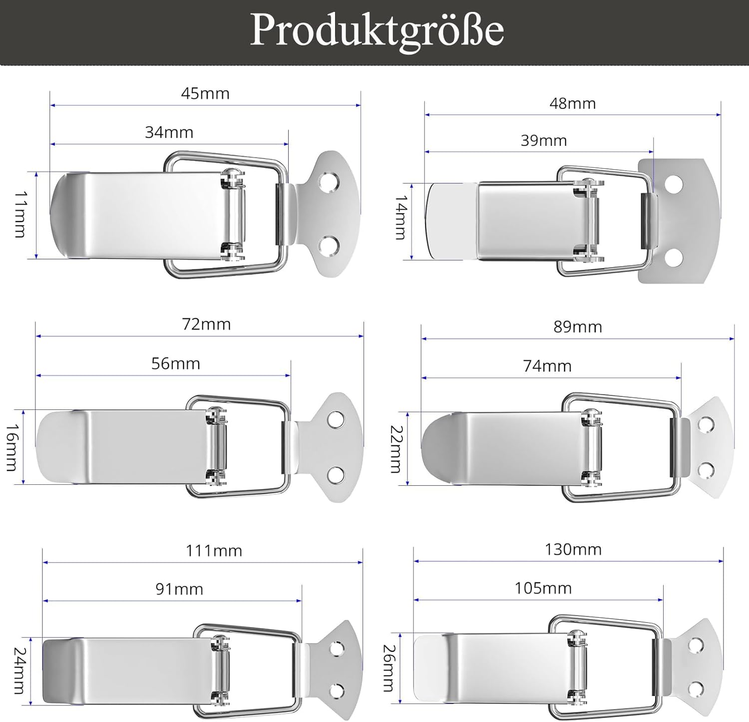 Set of 4 Stainless Steel Tension Clasps, Box Lock with Strong Spring, Lever Closure, Spring Toggle Clasp, Snap Clamp, Box Closure, Cap Lock for Tool Box (91 mm)