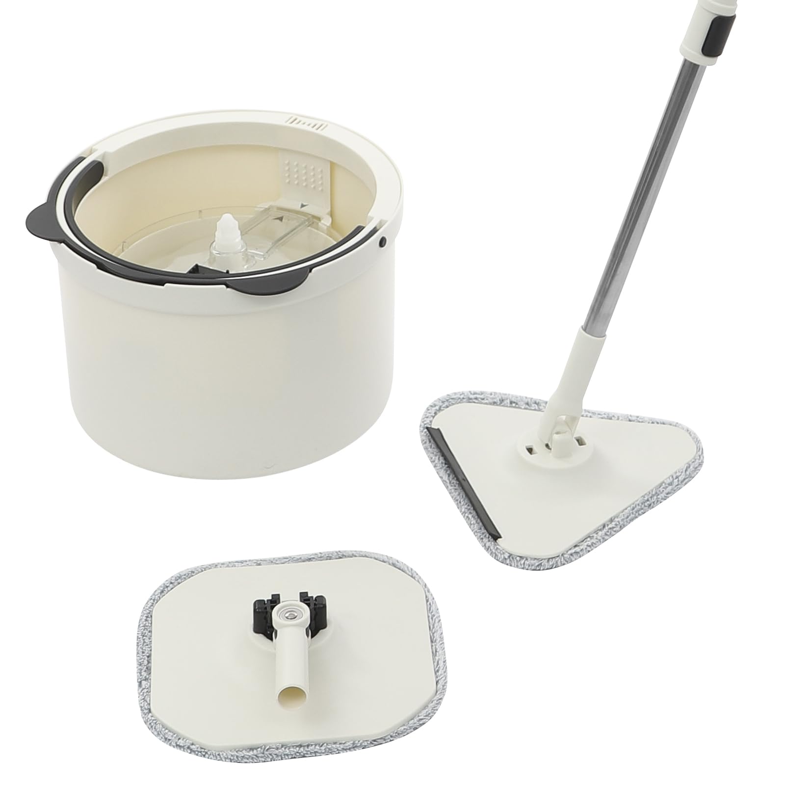 Juego de fregona con cubo, base de mopa, 22,5 x 22 x 132 cm, diseño ajustable, gira 360°, con triángulo cuadrado, 2 tipos de cabezales de fregona para dormitorio, cocina (negro y blanco)