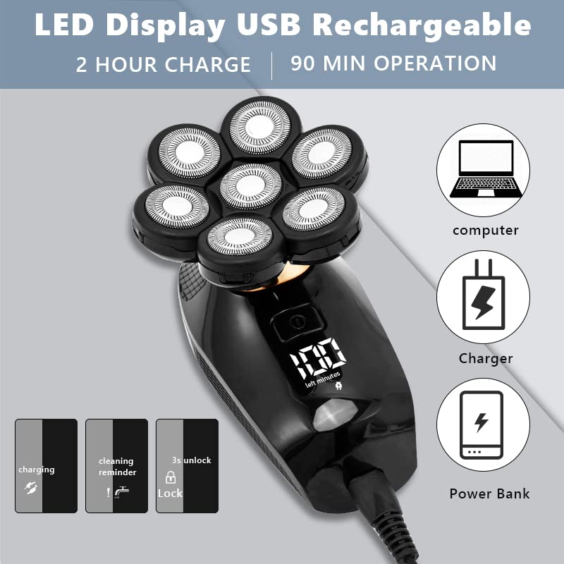 Miniatura 3 de Afeitadoras de cabeza para hombres calvos 5 en 1 7D recargable de cabeza calva afeitadora eléctrica de cabeza calva 7 cabezales flotantes barba