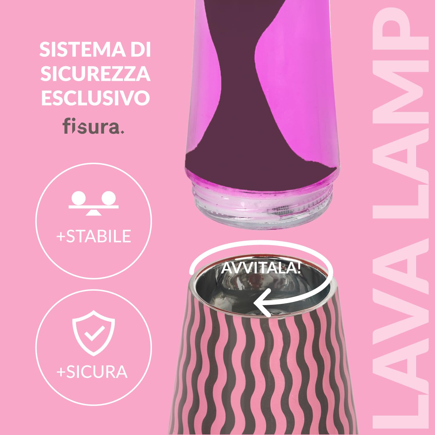 Fisura – Lampe à lave effet ondulations. Lampe décorative relaxante pour maison ou bureau, design original avec lave marron et liquide rose, ampoule de rechange incluse, 11 x 11 x 39,5 cm
