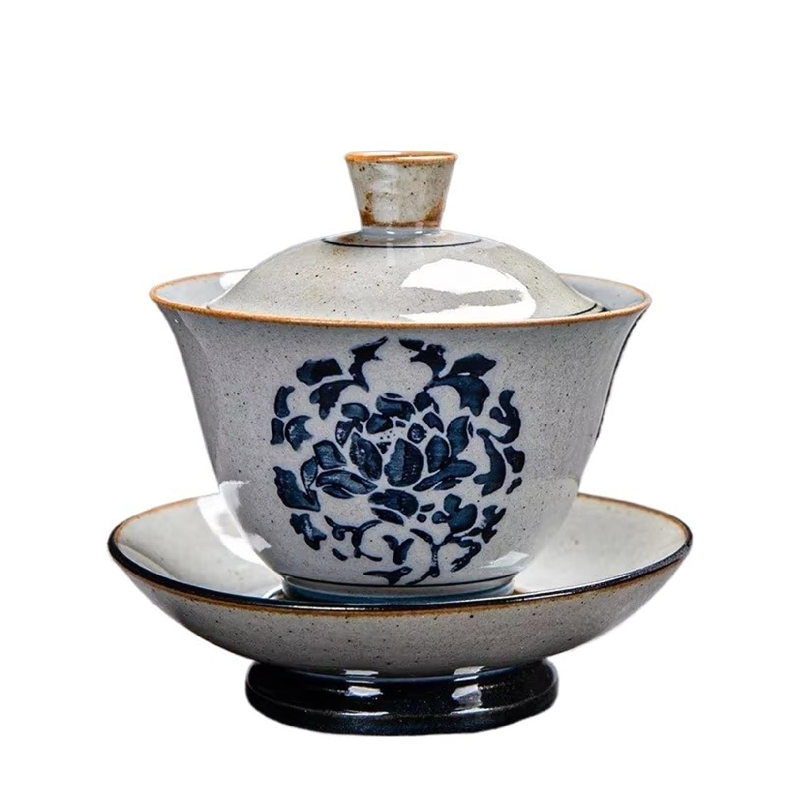 Taza infusora de té, diseño vintage de leña pintada a mano, cuenco de cerámica azul y blanco, juego de té Kung Fu, cubierta de cerámica (peonía)