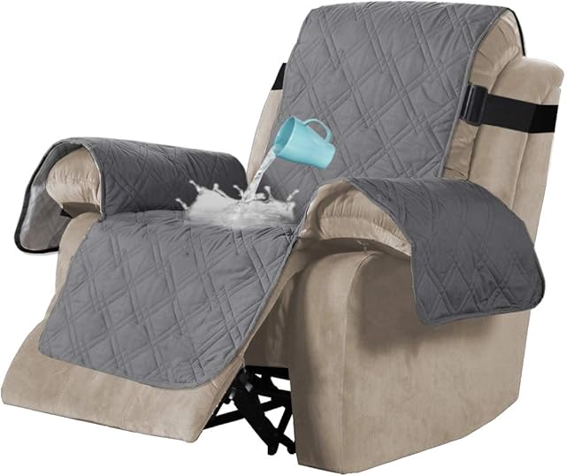 100% Waterproof Recliner Chair Cover Furniture Protectors for Recliners Sofa Cover Slipcovers for Leather Sofa Protect from Pets/Kids with Elastic Strap and Non Slip Backing (Recliner 22", Grey)