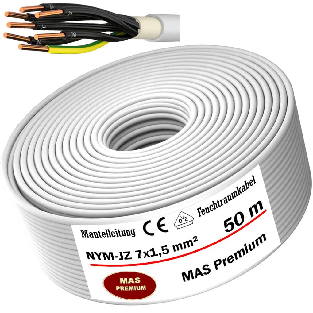 MAS Premium Kabel zasilający do wilgotnych pomieszczeń, kabel zasilający 5-100 m, przewód płaszczowy NYM-JZ 7 x 1,5, kabel instalacyjny OFC do stałego układania (50 m)