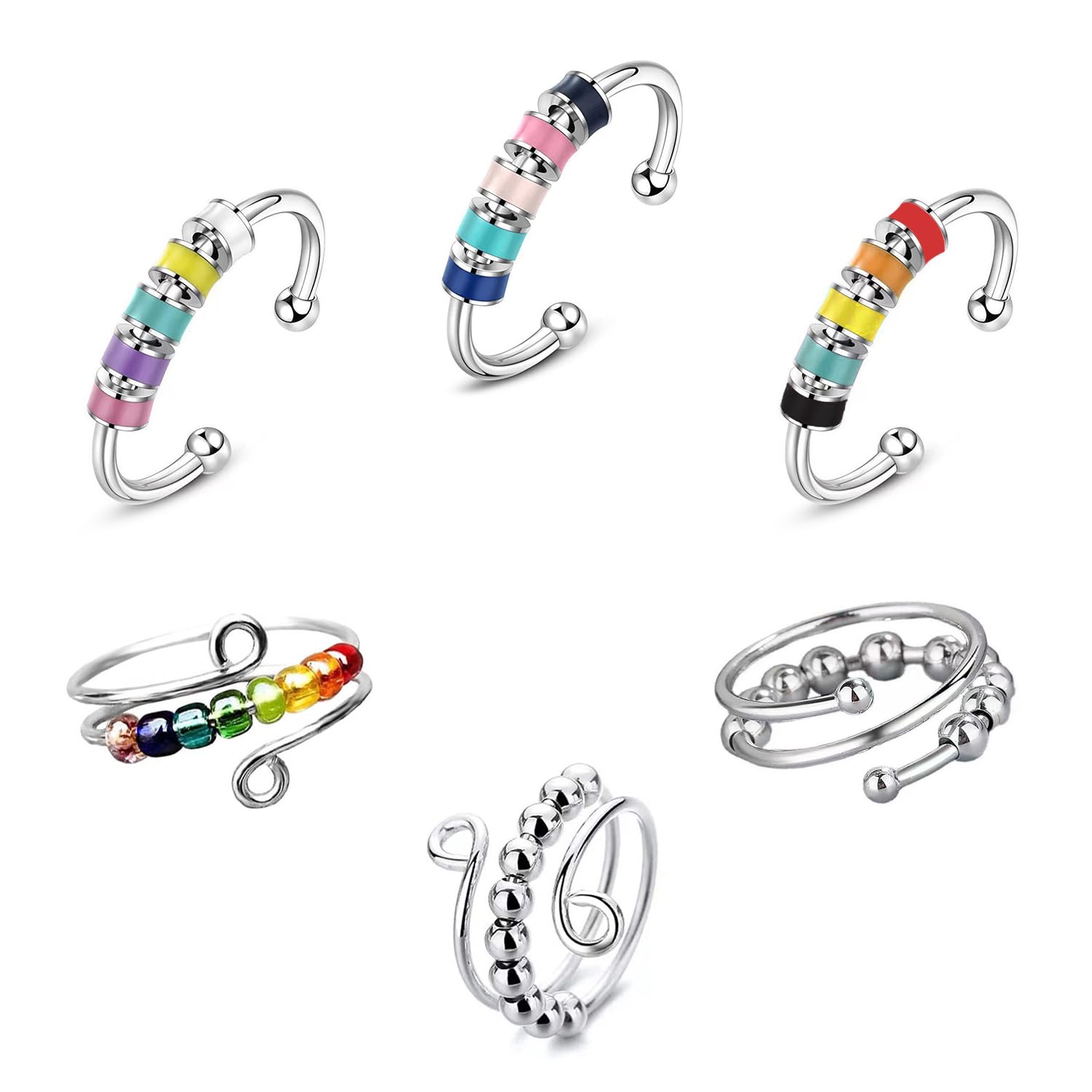 SYEYCW 6 Pcs Anxiety Rings - Adjustable Spinning Enamel Fidget, Stress Relief Bead Rotating, Open Finger Beads Anti-anxiety Spinner Gifts for Women, Men, Kids