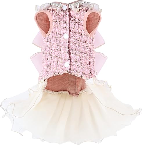 Miniatura 2 de Vestido suave de malla para perros con accesorio de perlas y correa de lazo para perros pequeños y medianos, Navidad, vacaciones, picnic, fiesta de