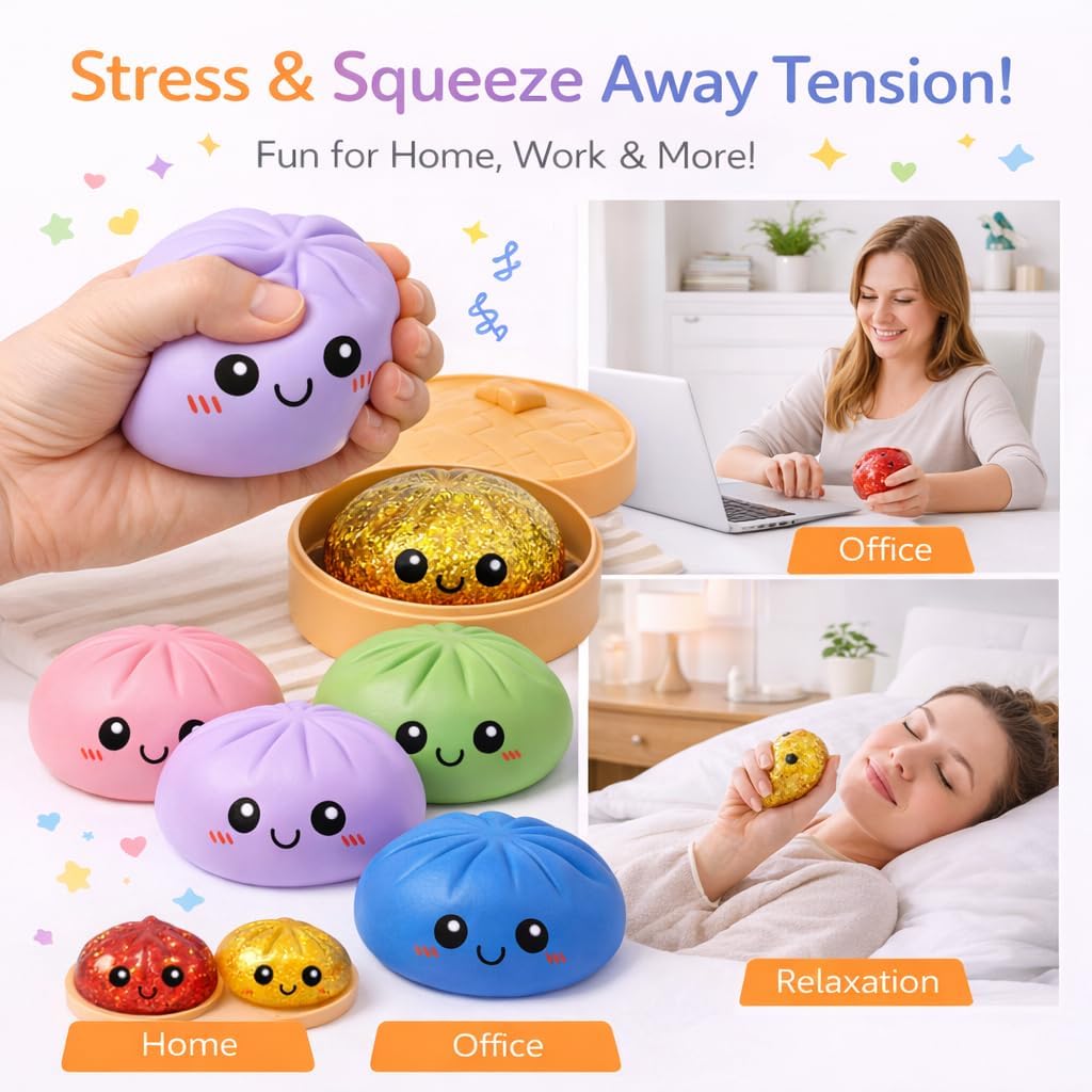 Glitter Dumpling Squishy, Giant Colorful Dumpling Squishies, Soft Squeeze Stress Relief Squishy for Adults, Desk Anxiety Relief Fidget (Red)