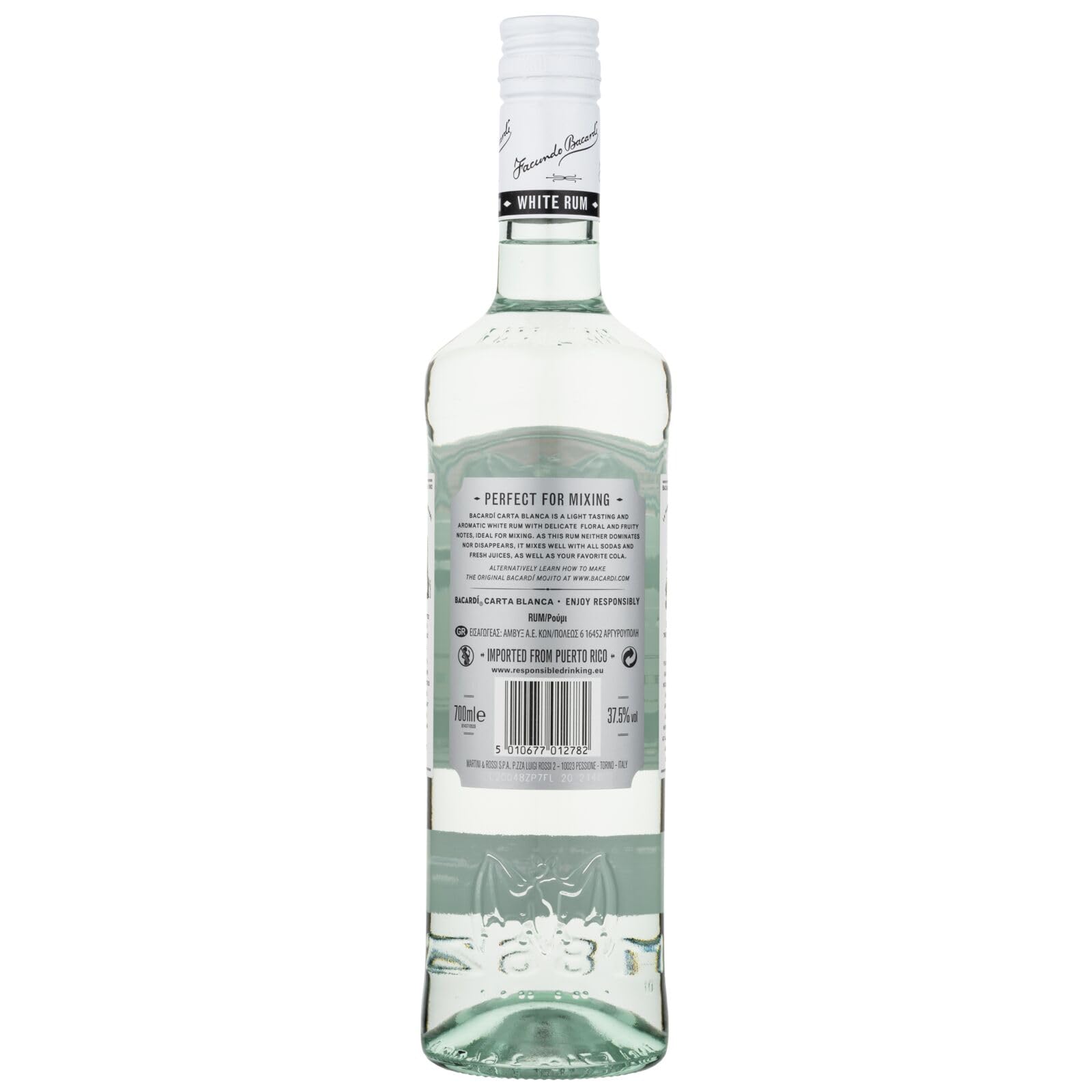 BACARDÍ Carta Blanca Ron Blanco Superior, 37,5% ALC., 70 cl / 700 ml, Ron Caribeño Icónico, Perfecto para Cócteles