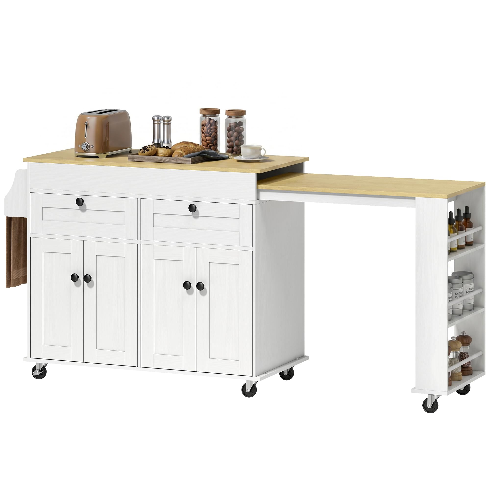 HOMCOM Îlot Central Cuisine avec Plateau Extensible, Desserte de Cuisine sur roulettes avec 2 Tiroirs, 4 Portes, Porte-Serviettes et Porte-Épices, Style Rustique,127,2-189,2 x 50 x 87,8 cm, Blanc
