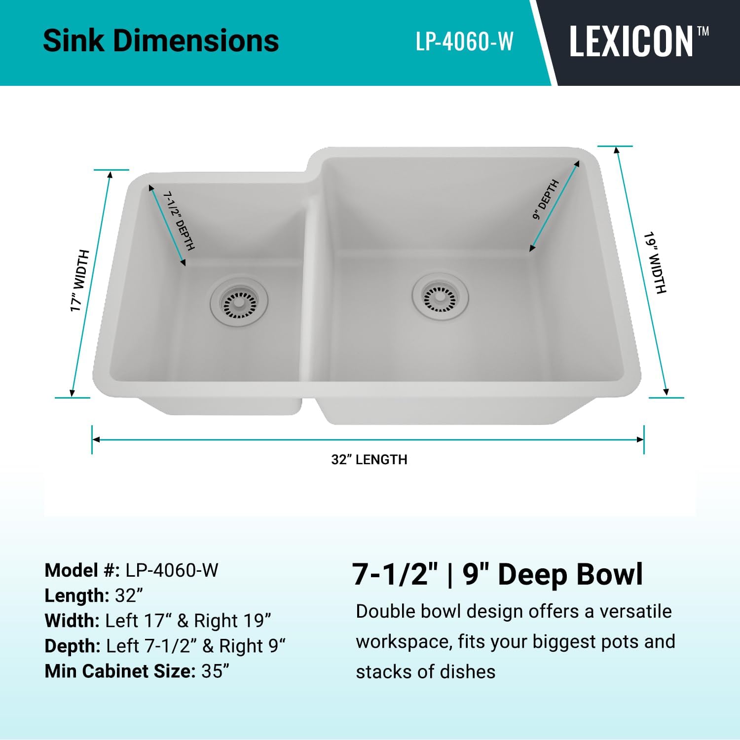 32" x 19" Quartz Kitchen Sink, 40/60 Double Bowl Kitchen Sinks, Drop-in Sink, Undermount Sink, Galaxy White Kitchen Sink, Double Sink Kitchen, Grids, Strainer and Flange, Lexicon Platinum LP-4060-W