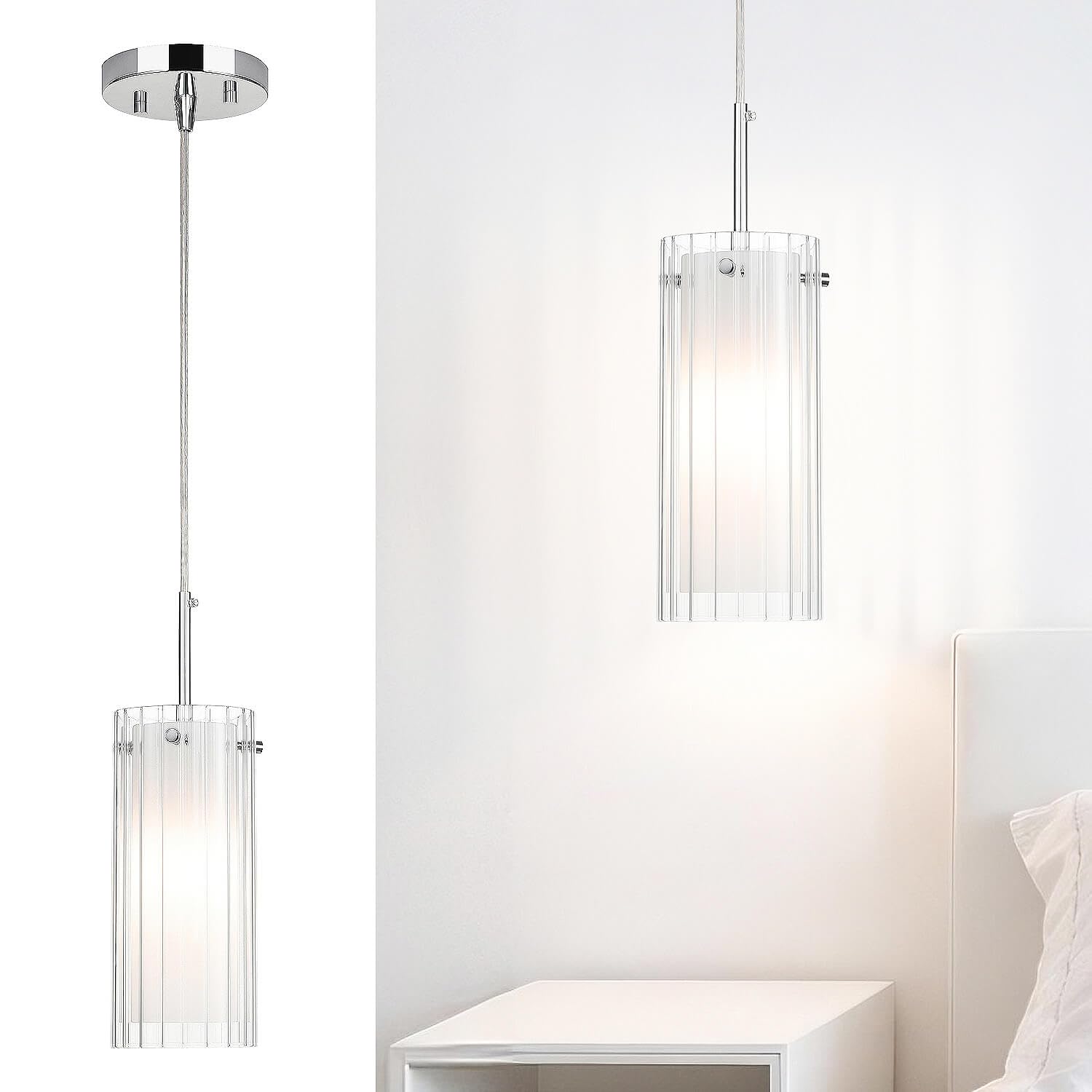 XiNBEi Modern Dual Glass Pendant Light, Adjustable Pendant Lighting Ceiling, Chrome Hanging Ceiling Light for Kitchen Island Dining Room Bedroom Hallway NL-P482-1-CH