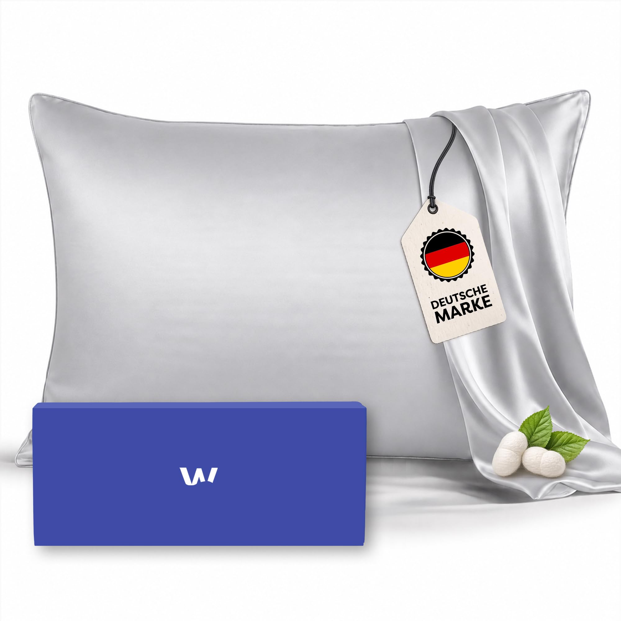 Wolkenfeld Seidenkissenbezug 40x80 cm aus 100% natürlicher Maulbeerseide 22 Momme 6A – Kissenbezug Seide Atmungsaktiv & Hypoallergen für geschmeidiges Haar, hydratisierte Haut – Oeko-TEX – Hellgrau
