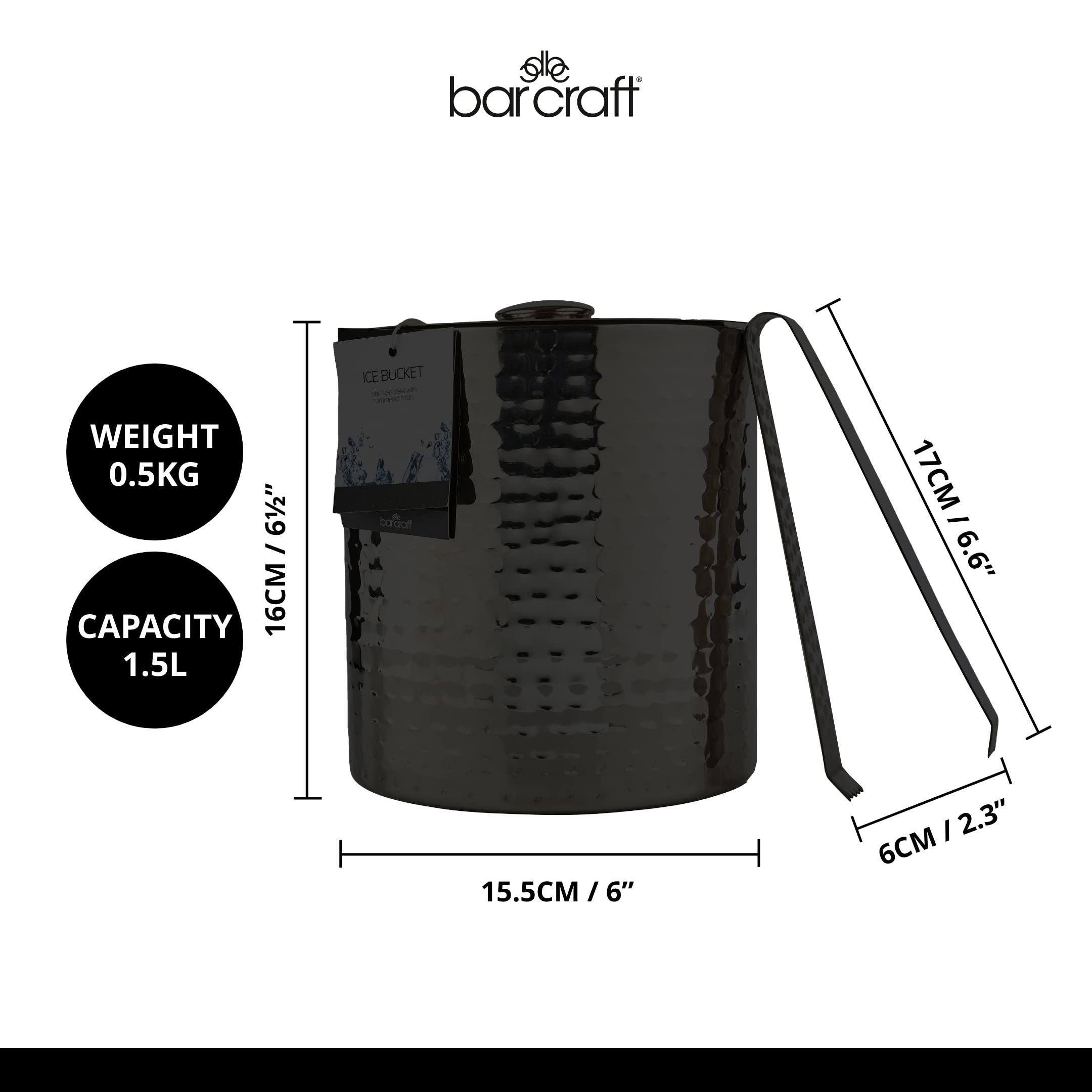 BarCraft Seau à glace en acier inoxydable avec couvercle et pince, 1,5 litre (2,5 pintes) - Finition martelée