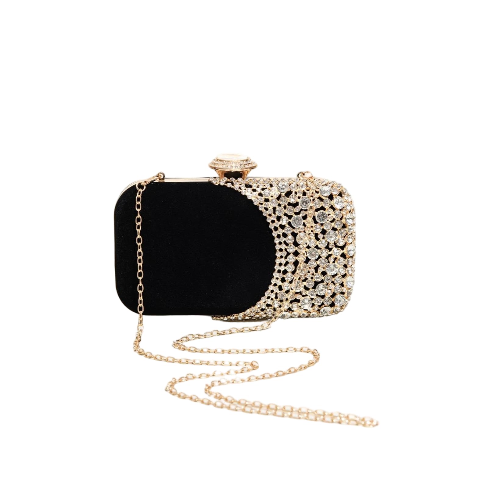 CYBHSM - Pochette da sera in velluto con strass, con catena di chiusura a perla, piccola borsa a tracolla rigida per donne, banchetto, festa, rosso nero