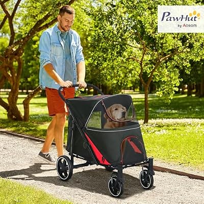 PawHut Dog Stroller for Large Medium Small Dogs up to 66 Lbs. 23.5 in Body Length, One-Click Foldable Pet Cat Stroller with Storage, Shock Absorption Wheels, Mesh Window, Safety Leash, Black