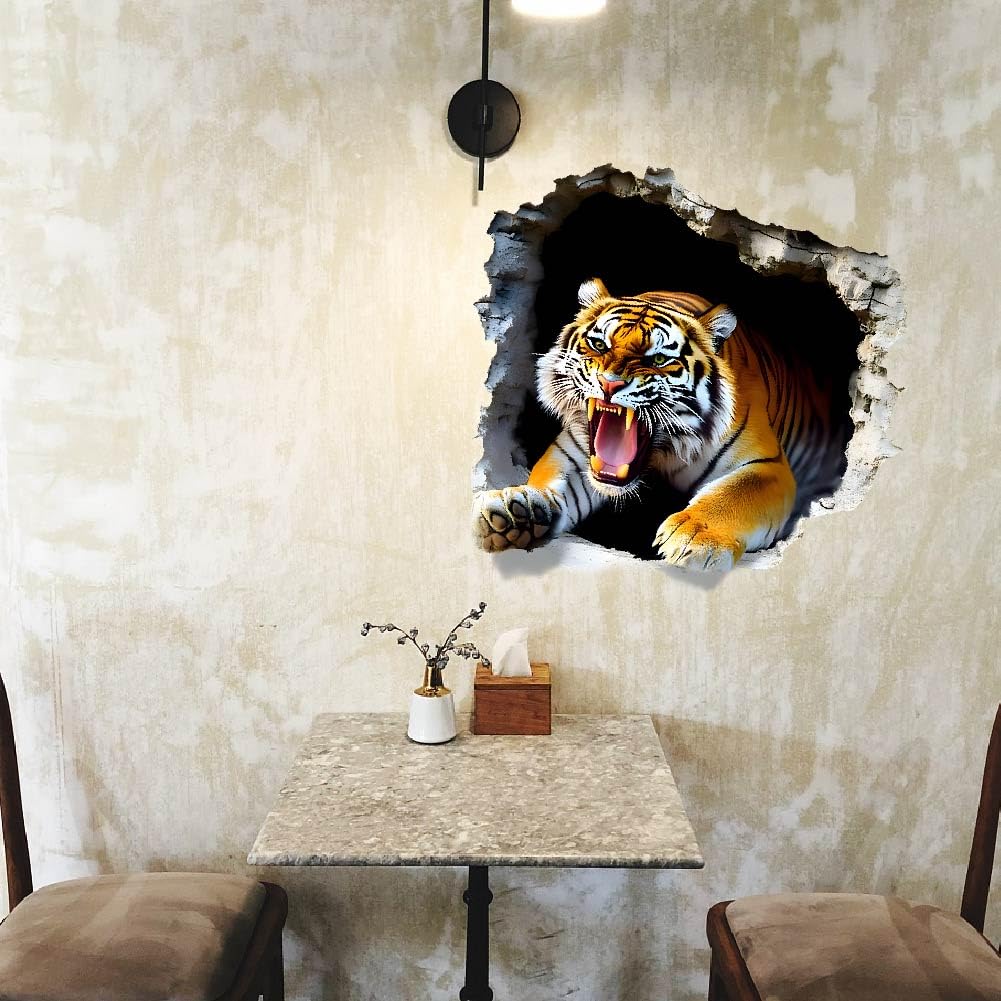 Sticker Mural 3D Tigre Rugissant – Autocollant Animal Sauvage Effet Perçant Le Mur – Décoration Chambre Enfant Garçon & Fille