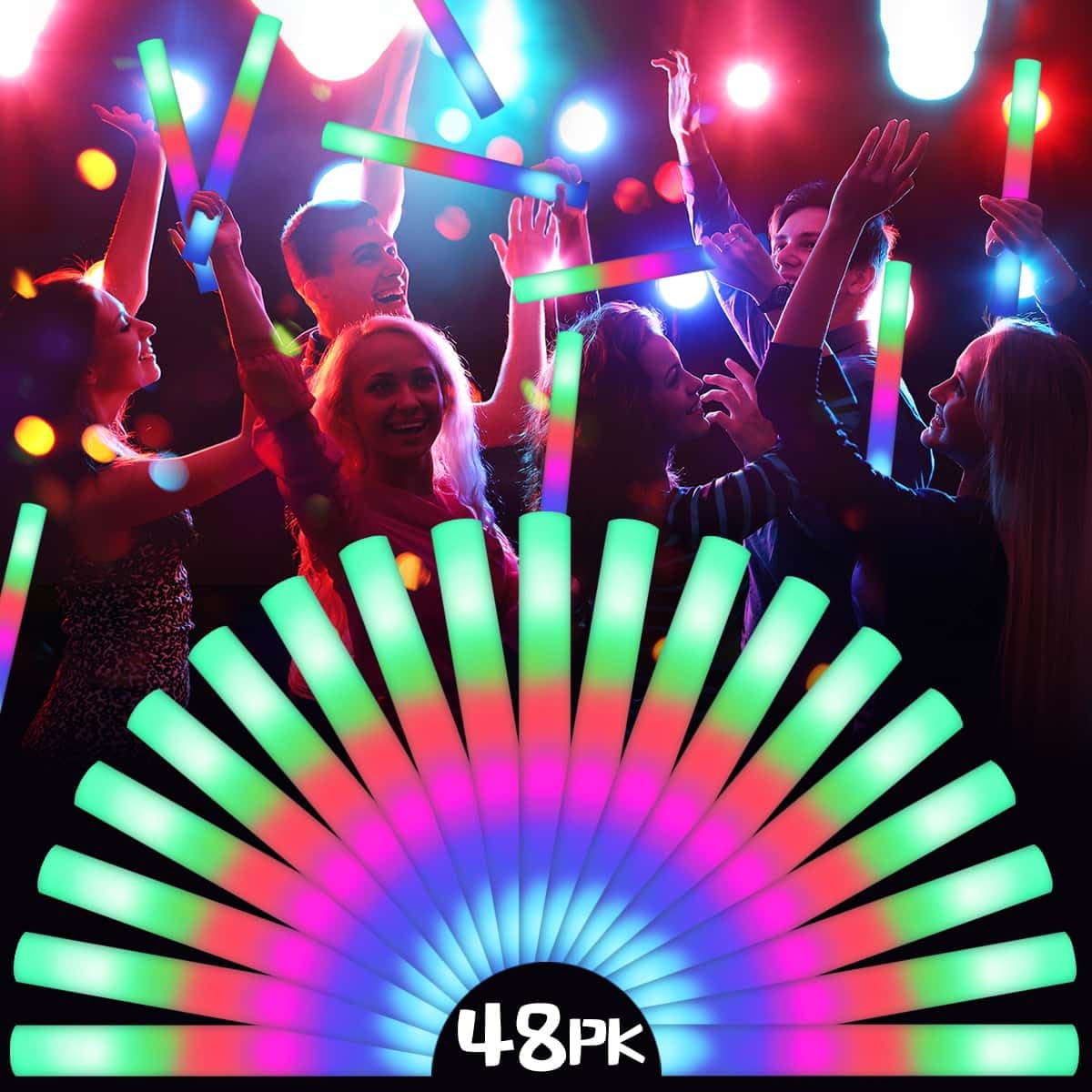 48 Schaumstoff-Leuchtstäbe für Party-Paket: Hochzeits-Essentials, Partyzubehör, Großpackung – 3 Modi, bunt, blinkende LED-Leuchte – Tanzboden-Requisiten für Geburtstag, Halloween, Karneval, Raves