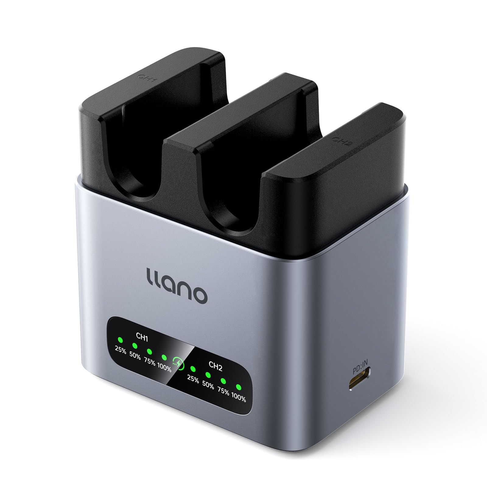 llano EN-EL25 Dual-Slot Akku-Ladegerät für Nikon Z50 II, Z50, Zfc, Z30 – PD 20W Schnellladung mit USB-C, wärmeableitendem Aluminiumgehäuse & LED-Anzeige