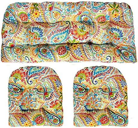 3 Piece Wicker Cushion Set - Indoor/Outdoor Wicker Loveseat Settee & 2 Matching Chair Cushions - Gilford Primary Thin Line Floral Paisley+
