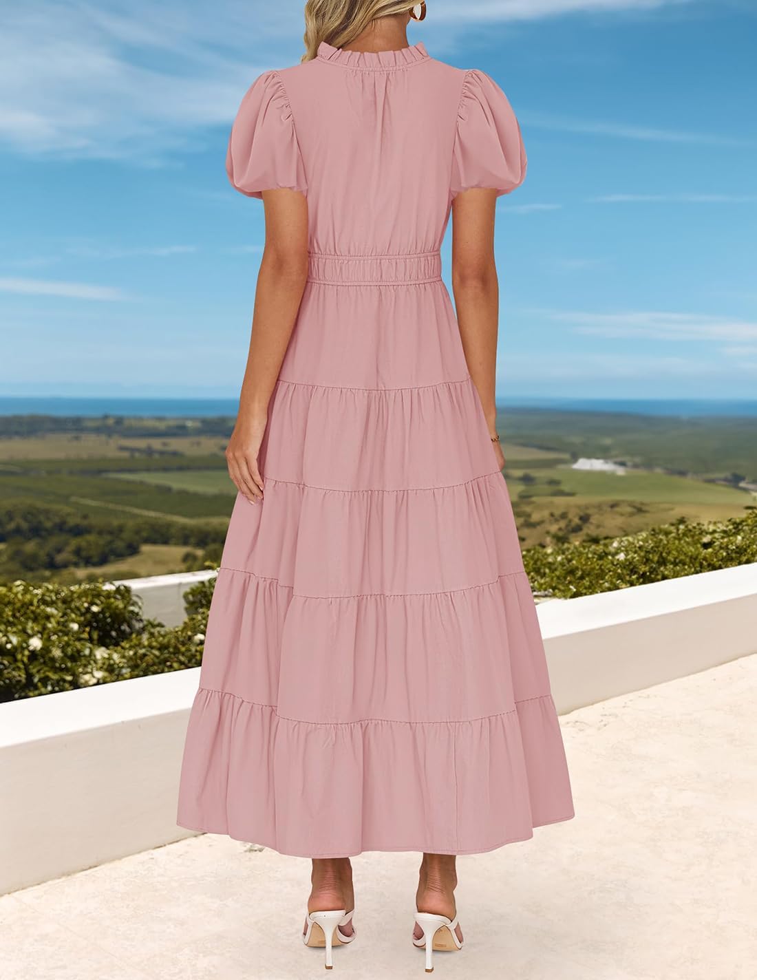 ZESICA Women's Summer Casual Maxi Dress 2026 Puff Short Sleeve V Neck Ruffle Tiered Flowy Boho Beach Dresses - Image 3