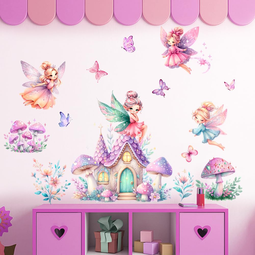 Fairy Garden Wall Stickers for Girls Bedroom, Removable Vinyl Decals with Pink & Purple Mushroom House and Butterflies