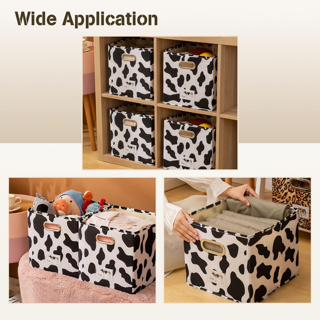 4 szt. kostek do przechowywania z nadrukiem krowy, duże składane kosze z tkaniny, bawełna len, 25 x 25 x 25 cm, przenośny organizer pojemniki z uchwytami na biurko i szafę