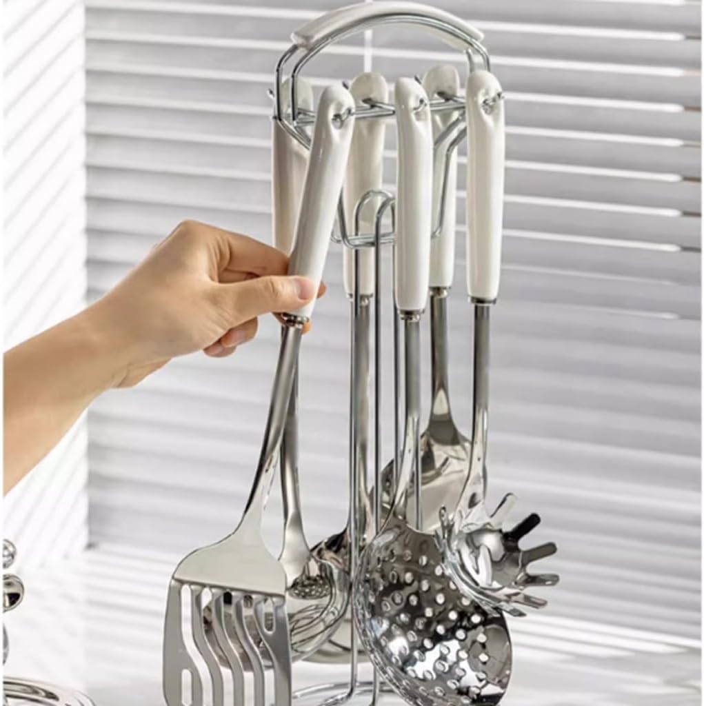 Cooking Tool Set Cookware Kitchen Utensils Non-Stick Soup Ladle Spatula Steel Handle with Holder