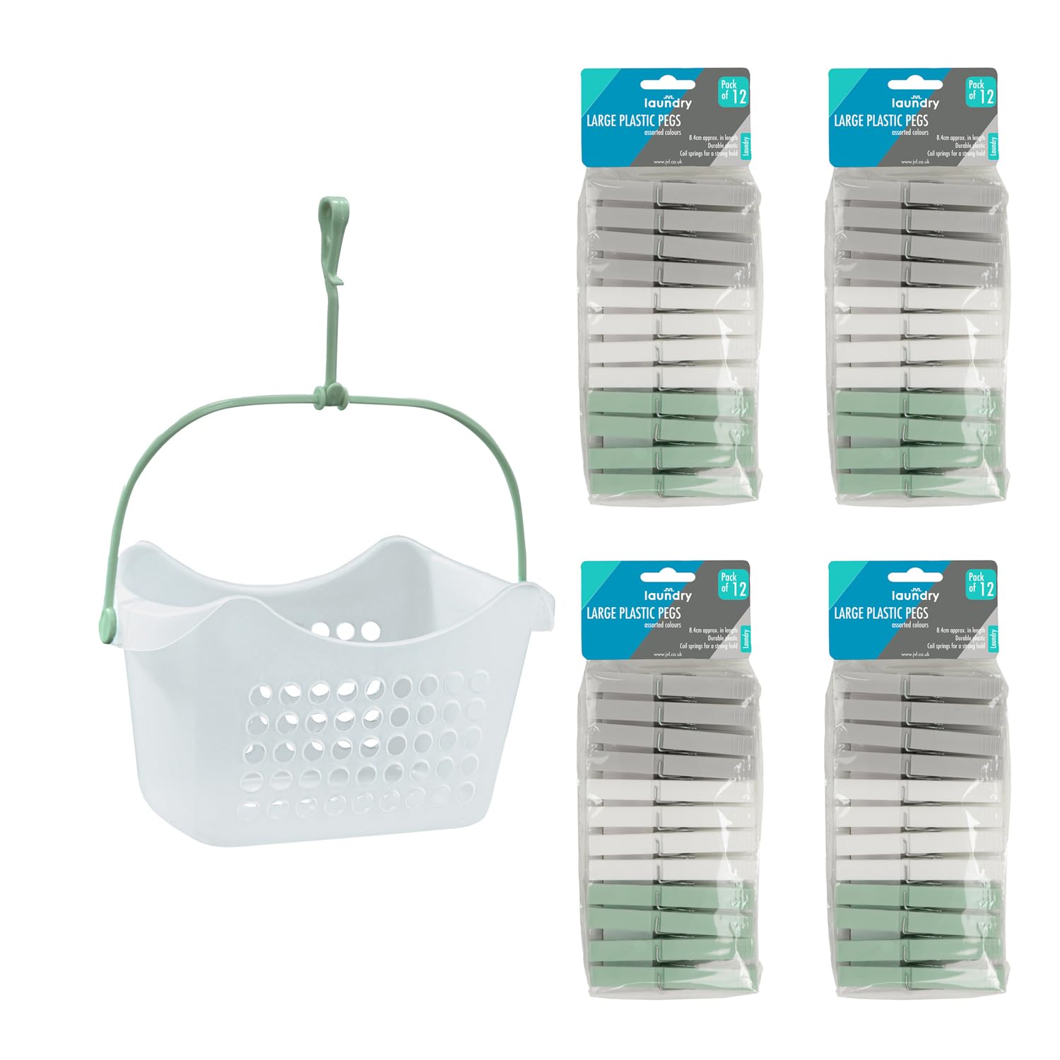 Jvl Assorted Peg Basket With 48 Large Plastic Clothes Pegs – Strong Laundry Peg Storage Basket – Colours