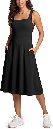 ODODOS Square Neck Midi Dress with Pockets for Women Summer Casual Sleeveless Sundress Flare Tank Dress