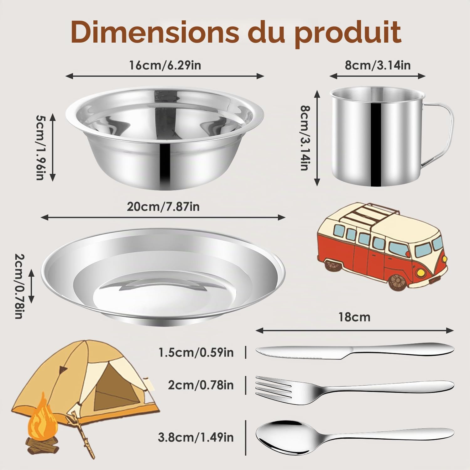 Tissting 24 Pièces Lot de Ustensiles de Cuisine de Camping pour 4 Personnes, Kit Cuisine de Camping, Vaisselle de Camping en Acier Inoxydable avec Assiettes, Tasses, Cuillères, Fourchettes Couteaux