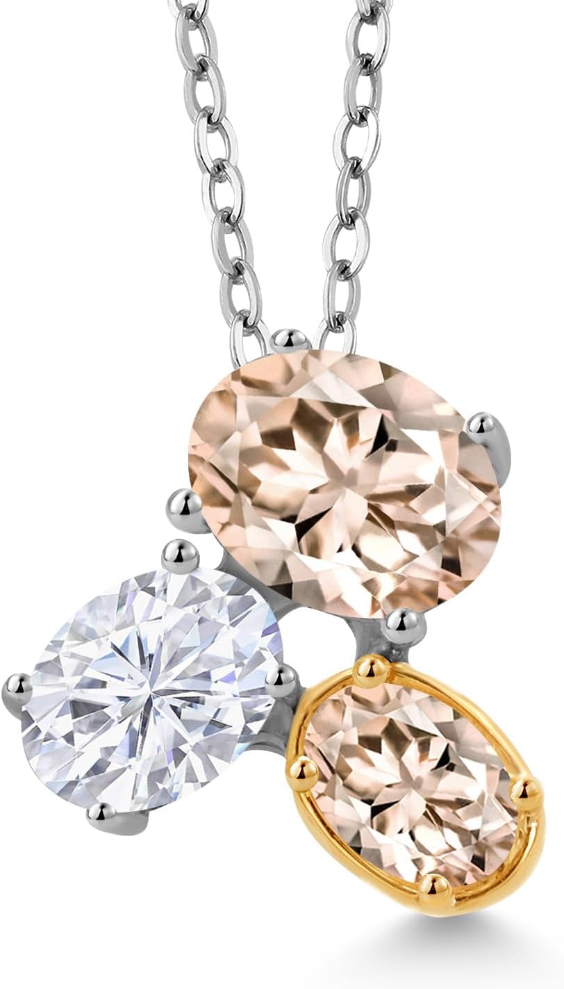 Gem Stone King 925 Silver and 10K Yellow Gold Peach Morganite and White Moissanite Pendant Necklace For Women (2.40 Cttw, Oval 8X6MM, 7X5MM and 6X4MM, October Birthstone, with 18 Inch Chain)