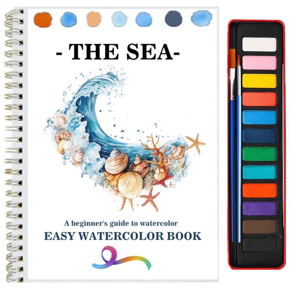 Watercolor Workbooks Coloring Book Easy Nature Scenes Beginner Friendly Watercolor Painting Set Art Crafts Painting Kit for Creative Exploration Gift for Adults Beginners (The sea, with Palette)