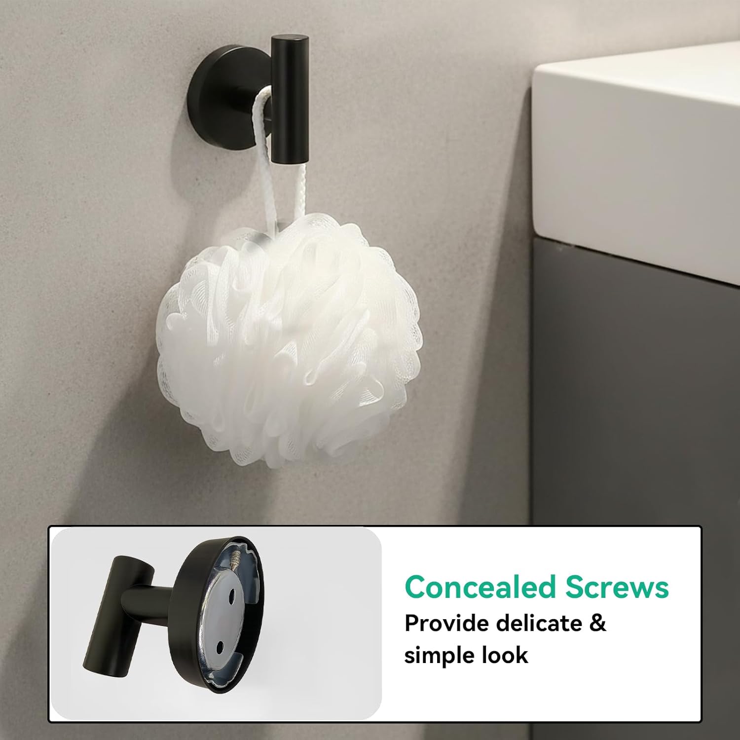 Matte Black Bathroom Hardware Set 6-Piece, SUS304 Stainless Steel Bath Accessories Kit, Includes 24" & 16" Towel Bars, Toilet Paper Holder, Towel Ring, 2 Robe Hooks, Wall Mounted Round Style